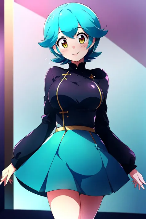 vivid colors, <lora:Konpeto_Style_Dim32:0.8>, , ((masterpiece,best quality)), absurdres, yellow eyes, short aqua blue hair, long pink dress, solo, urban city background, smiling, looking at viewer, cowboy shot,