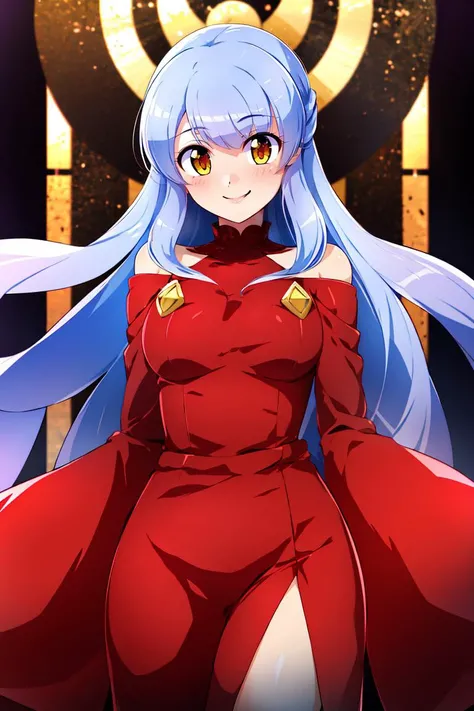 <lora:Konpeto_Style_Dim32:0.8>, , ((masterpiece,best quality)), absurdres, yellow eyes, long blue hair, long red dress, solo, smiling, smug, looking at viewer, cowboy shot,