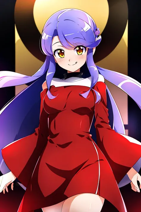 <lora:Konpeto_Style_Dim32:0.8>, , ((masterpiece,best quality)), absurdres, yellow eyes, long blue hair, long red dress, solo, smiling, smug, looking at viewer, cowboy shot,