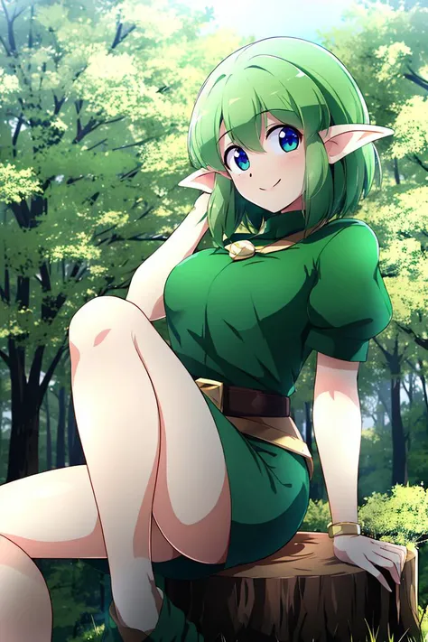 <lora:Konpeto_Style_Dim32:0.8>, , ((masterpiece,best quality)), absurdres, blue eyes, short green hair, green shirt, green sleeves, green shorts, elf, pointy ears, solo, smiling, sitting on tree stump, looking at viewer, forest background,