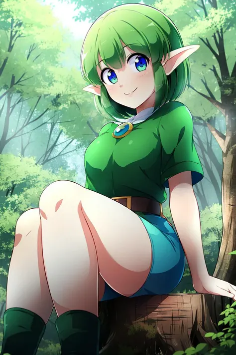 <lora:Konpeto_Style_Dim32:0.8>, , ((masterpiece,best quality)), absurdres, blue eyes, short green hair, green shirt, green sleeves, green shorts,  elf, pointy ears, solo, smiling, sitting on tree stump,  looking at viewer, forest background,