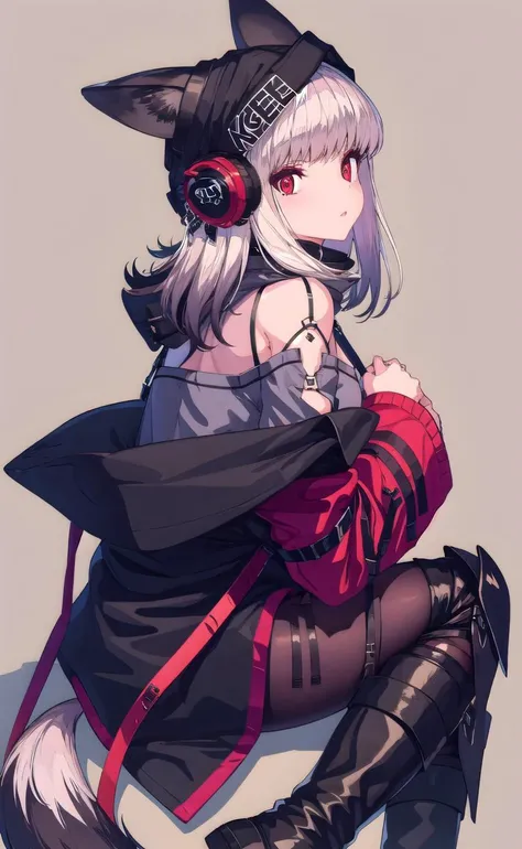 origin, 1girl, solo, pantyhose, boots, tail, long hair, black footwear, looking at viewer, sitting, off shoulder, red jacket, knee pads, fox tail, from side, off-shoulder grey shirt, bare shoulders, grey shirt, fox girl, black pantyhose, red background, <lora:frostleaf-pynoise-000009:1> <lora:ligneart(cogecha):1>