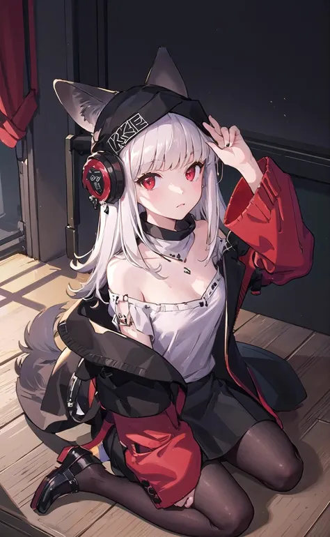 (masterpiece,best quality, detailed), indoors, looking at viewer, 1girl, solo, full body, from above, sitting, wariza,
origin, 1girl, solo, long hair, tail, looking at viewer, off-shoulder grey shirt, expressionless, black skirt, red jacket, fox tail, black pantyhose, <lora:frostleaf-pynoise-000009:1>