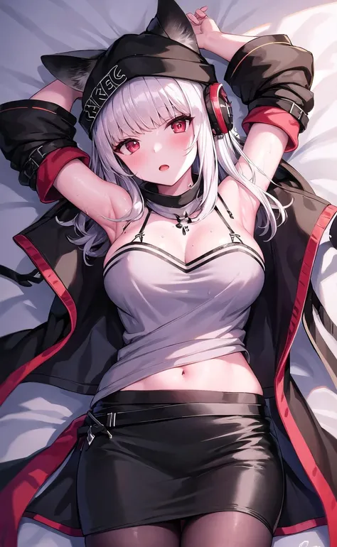origin, 1girl, solo, long hair, tail, looking at viewer, off-shoulder grey shirt,oripathy lesion \(arknights\),expressionless, black skirt, red jacket, fox tail,  black pantyhose, <lora:frostleaf-pynoise-000009:1>
(((masterpiece,high resolution,best quality))), 1girl, solo,wine bottle,bare legs,
large breasts, lying, on back, petals, looking at viewer, armpits, open mouth, solo, blush, wet clothes, heart, arms up, wet, bed sheet,