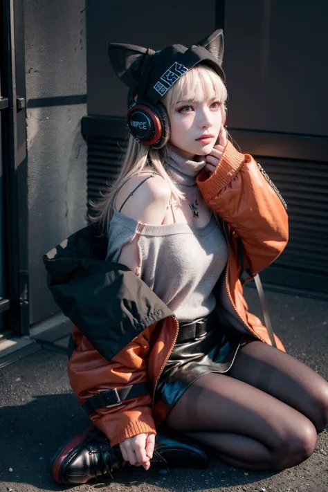 (realistic:1.3), finely detailed, quality, rembrandt lighting, (maserpiece:1.2), (photorealistic:1.2), (best quality), (detailed skin:1.3), (intricate details), dramatic, ray tracing, 1girl, origin, fox ears, headphones, off-shoulder grey shirt,black skirt, red jacket, bare shoulders, black pantyhose, black shoes, (tokyo, harajuku), <lora:frostleaf-pynoise:1>