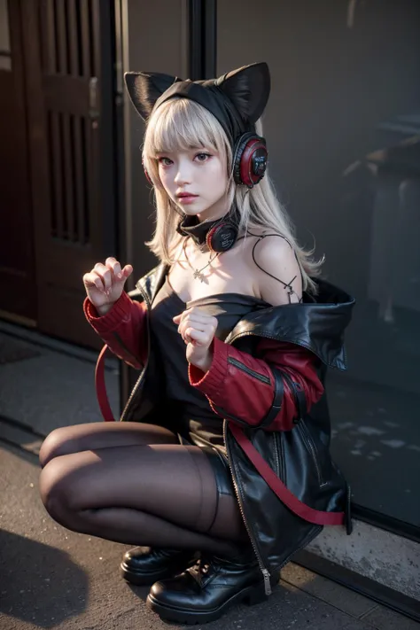 (realistic:1.3), finely detailed, quality, rembrandt lighting, (maserpiece:1.2), (photorealistic:1.2), (best quality), (detailed skin:1.3), (intricate details), dramatic, ray tracing, 1girl, origin, fox ears, headphones, off-shoulder grey shirt,black skirt, red jacket, bare shoulders, black pantyhose, black shoes, (tokyo, harajuku), <lora:frostleaf-pynoise:1>