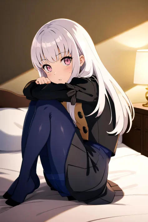 (masterpiece:1.2), best quality, high resolution, unity 8k wallpaper, (illustration), extremely detailed face, perfect lighting, extremely detailed CG, (beautiful detailed eyes:1.2), 1girl, solo, <lora:Lysithea:0.8>, lysithea, white hair, garreg mach monastery uniform, long sleeves, (pantyhose, blue pantyhose:1.2), black skirt, (embarrased), pink eyes, looking at viewer, blush, indoor, lying on bed, feet, full body, (hugging own legs), side view, parted lips, bed sheet