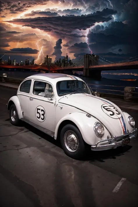<lora:Herbie_v1:1> vwhrb, (Dramatic Lightning Storms over Cityscapes:1.2)