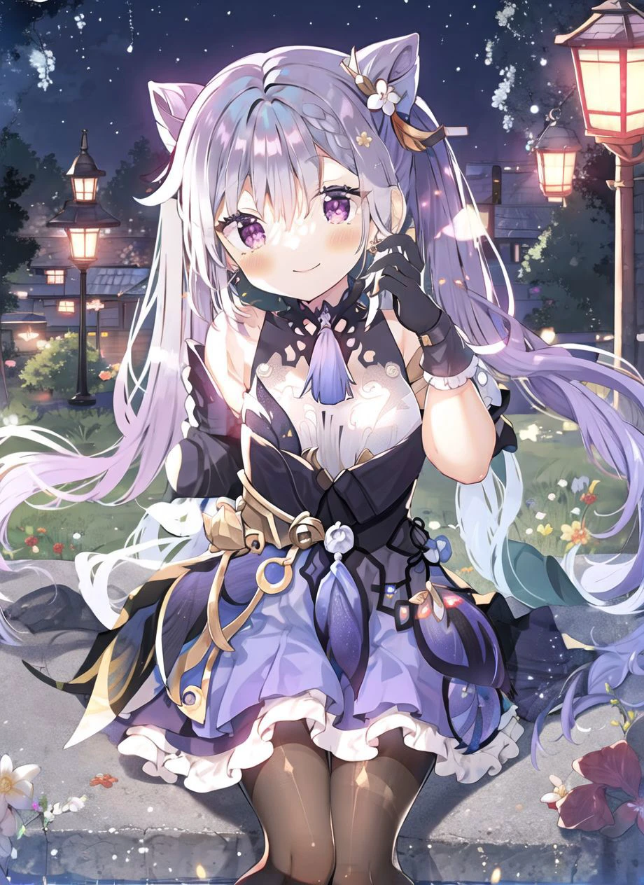 keqing \(genshin impact\),<lora:keqingGenshinImpact3in1_v10:1>
looking at viewer,
keqing (piercing thunderbolt) (genshin impact), keqing (genshin impact), pantyhose, hair bun, purple hair, gloves, twintails, long hair, purple eyes, diamond-shaped pupils, bare shoulders, hair ornament, black pantyhose, cone hair bun, detached sleeves,dress, jewelry, medium breasts, earrings, bangs, frills, purple dress, black gloves, braid, skirt, smile, blush, hand on own cheek,
<lora:yuizaki Kazuya:1>