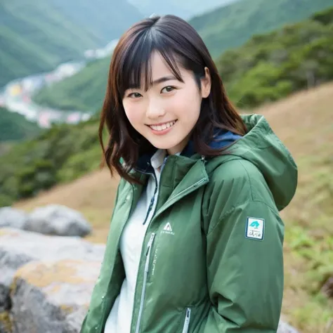 a photo of Fukuhara Haruka, ohwx woman, smile, on a mountain, wearing a jacket, best quality, fine details <lora:fukuharaharuka_SDXL:0.8>