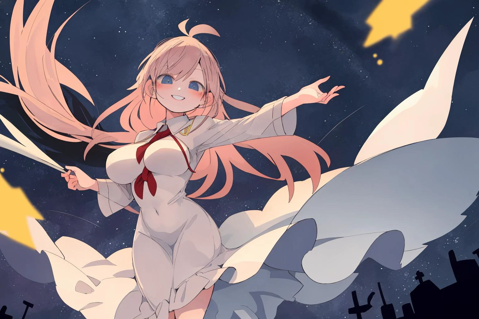 masterpiece, best quality, 2D_flat, 1girl, solo, floating hair, big breasts, long hair, smile, white dress, starry sky, <lora:2D_flat-000010:0.8>