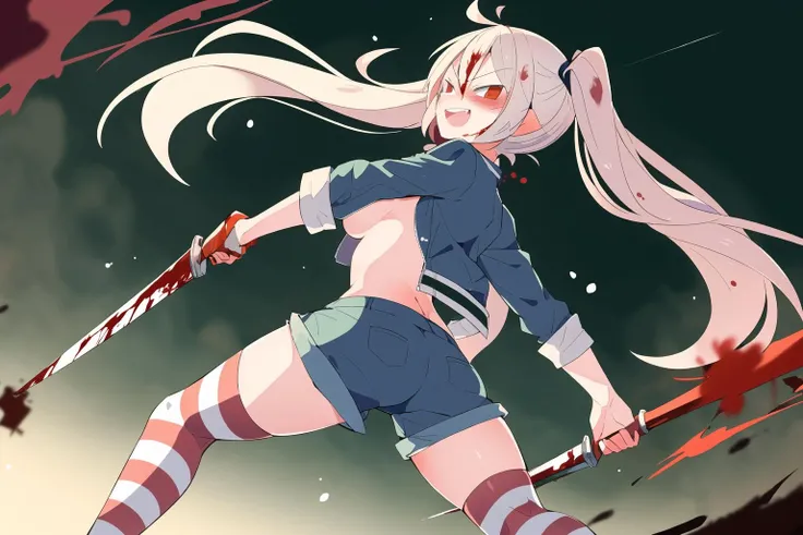 masterpiece, best quality, 2D_flat, 1girl, solo, floating hair, twintails, very long hair, open jacket, breasts, blood, holding weapon, navel, reflection, laughing, fighting stance, shorts, striped thighhighs, (looking back:1.3), ass <lora:2D_flat-000010:0.7>