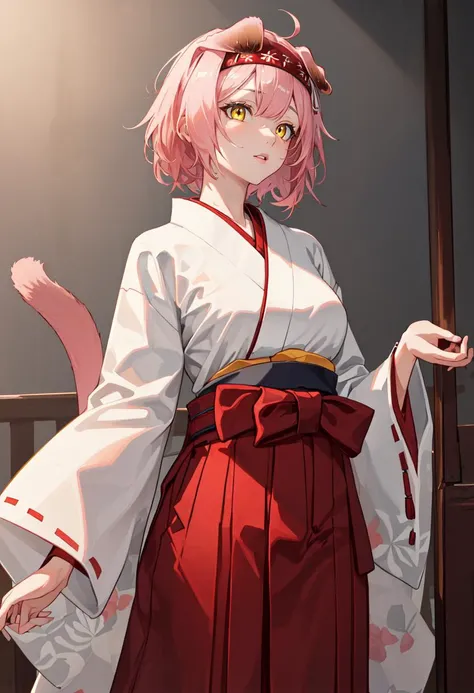 best quality, masterpiece, highres, solo, (goldenglow_arknights:1.10), (white kimono:1.35), (red hakama:1.35), (wide sleeves:1.20), 23 <lora:goldenglow_arknights:0.80>