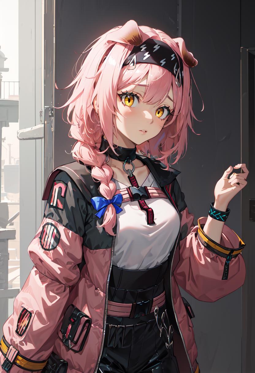 Anime girl with pink hair and a pink jacket standing in front of a door ...