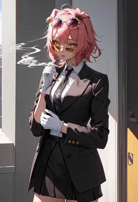 best quality, masterpiece, highres, solo, (goldenglow_arknights:1.10), (black business suit:1.40), (tie:1.20), (sunglasses:1.25), (white gloves:1.15), (white shirt:1.10), (black skirt:1.15), (smoking:1.20), handsome, 25 <lora:goldenglow_arknights:0.80>