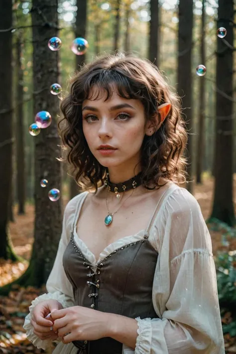 fantasy world, dynamic pose, half body photo of (beautiful) (pale) elf girl with brown curly hair,  (pointed elf ears), makeup, soap bubbles, wearing chocker, she is in the autumn forest, game of shadows and light, soft beautiful colors, high res, 4k, ((sharp focus)), light colors, soft beautiful light, in the style of laura makabresku, Kodak portra 800, film photography, vintage, soft light, photo made on Canon 5D Mark IV with Kodak Ektar film. The scene is captured on Polaroid and Hasselblad 120mm medium format film, giving it a dreamy, nostalgic quality. <lora:alt_fashion:0.4>  <lora:people_005_cosine_iter2_ 0000005_sdxl_10epoches_adafactor:0.6>  <lora:Perfect Hands:1>