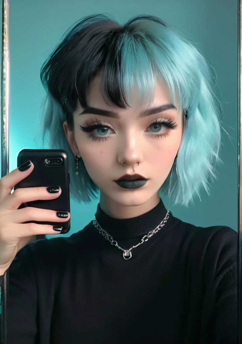 alt fashion, dynamic angle, detailed, photo of adult woman with ((short)) dyed light blue male haircut, making a selfie in a mirror, black nails, black clothes, half body, realistic, blurred club background, retro noises, best aesthetic, blurred lights, soft pastel colors, high res, 4k, light colors, Kodak portra 800, film photography, vintage <lora:alt_fashion_v2:1>