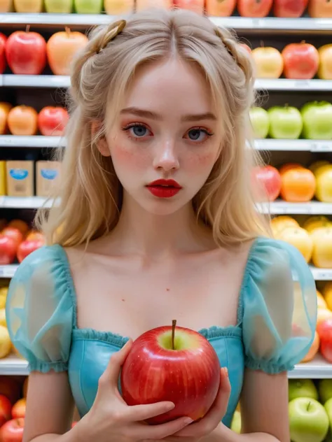 brightly-lit supermarket, a young woman is holding a strange and unusually large glowing apple, wrapped in a translucent film, and its glow illuminates the woman's face, casting an ethereal light on her pale, flawless skin. She has pale freckled still, delicate features, and long blonde hair. dark mascara, dark eyeliner, glossy, red lipstick, She is dressed in a tight rococo mini-dress. puffy sleeves, Her eyes are downcast, and her expressive face is tinged with sadness, as if she is embarrassed to be seen with the unusual apple. <lora:SDXL_BetterFaces-LoRA_v1:.25> <lora:alt_fashion:.25> <lora:DetailedEyes_V3:1> <lora:add-detail-xl:2>