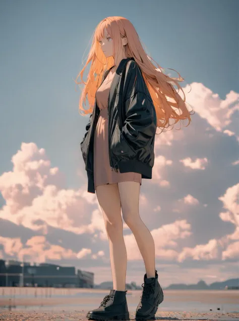 1woman, adult, long hair, light orange hair, slip dress and jacket, open shoulders, alt fashion, she is looking to the side seriously, full body image, detailed face, cloudy sky background, masterpiece, very aesthetic, illustration, perfect composition, (soft pastel colors:0.6), high res, 4k, (light colors:0.2), film photography, 5mm lens, vintage <lora:alt_fashion_v2:0.5>