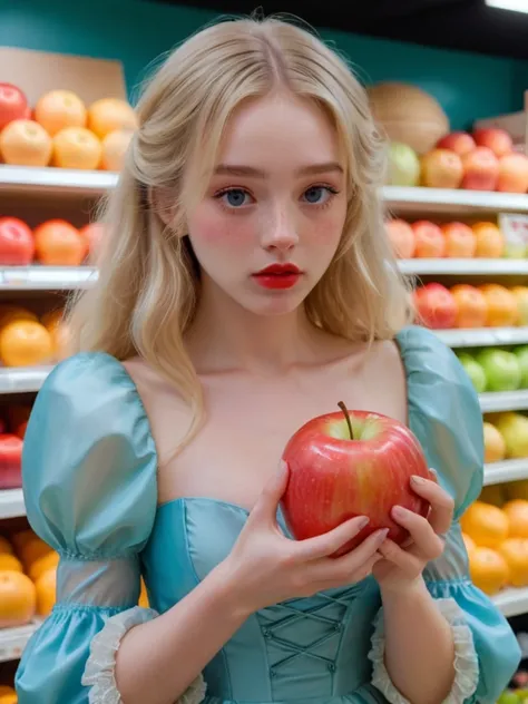 brightly-lit supermarket, a young woman is holding a strange and unusually large glowing apple, wrapped in a translucent film, and its glow illuminates the woman's face, casting an ethereal light on her pale, flawless skin. She has pale freckled still, delicate features, and long blonde hair. dark mascara, dark eyeliner, glossy, red lipstick, She is dressed in a tight rococo mini-dress. puffy sleeves, Her eyes are downcast, and her expressive face is tinged with sadness, as if she is embarrassed to be seen with the unusual apple. <lora:SDXL_BetterFaces-LoRA_v1:.25> <lora:alt_fashion:.25> <lora:DetailedEyes_V3:1> <lora:add-detail-xl:3>