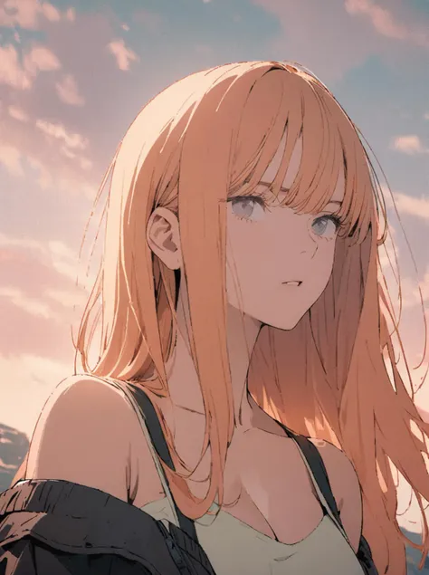 1woman, adult, long hair, light orange hair, slip dress and jacket, open shoulders, alt fashion, she is looking to the side seriously, detailed face, cloudy sky background, masterpiece, very aesthetic, illustration, comic illustration, clear lines, perfect composition, (soft pastel colors:0.6), high res, 4k, (light colors:0.2), film photography, 5mm lens, vintage <lora:alt_fashion_v2:0.5>