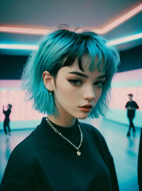 alt fashion, dynamic angle, detailed, dynamic photo of woman with ((short)) dyed light blue male haircut, dancing, realistic, black oversize clothes, blurred club background, retro noises, best aesthetic, blurred lights, soft pastel colors, high res, 4k, light colors, Kodak portra 800, film photography, vintage <lora:alt_fashion_v2:1>