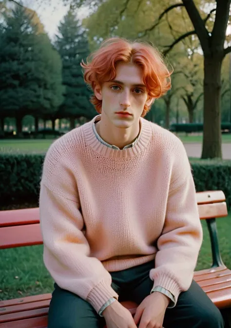 alt fashiont, best quality, masterpiece, aesthetic, dynamic angle, detailed,  full body image of adult man with long face and big nose, looking at camera, sitting on a bench in park, (red:0.2) short tousled hair, wearing sweater, best aesthetic, soft pastel colors, high res, 4k, light colors, Kodak portra 800, film photography, vintage, soft light, photo made on Canon 5D Mark IV with Kodak Ektar film  <lora:alt_fashion_v2:1>  <lora:aesthetic_anime_v1s:0.35>