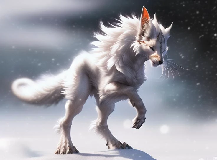 furred dragon, waist, bipedal, canid, arvalis, fur detail, stylized, standing, paws, (beautiful texture) solo, ((rj palmer)), whiskers, fur, no humans, realistic, detailed, hi res, snow background,  beautiful, photography style, hd, depth of field,  particles, <lora:rj palmer-000005:0.55>