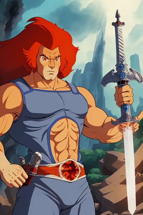 (1man), solo, Image of Lion-O from Thundercats, "Sword of Omens" on face Pose, liono, orange hair, blue leotard, high detailed, iconic Sword of Omens, Color Grading, Perfect Cel Shading, HDR, 80's, retro, anime