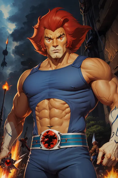 cartoon,best quality, masterpiece, detailed,
lion-oQuiron character, 1boy, red hair, rampage, blue outfit, <lora:quiron_lion-o_v2_Lora:0.77>