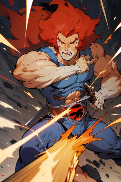 best quality, masterpiece, detailed,
lion-oQuiron character, 1boy, red hair, rampage, blue outfit, using sword, fight, action pose, <lora:quiron_lion-o_v2_Lora:0.77>