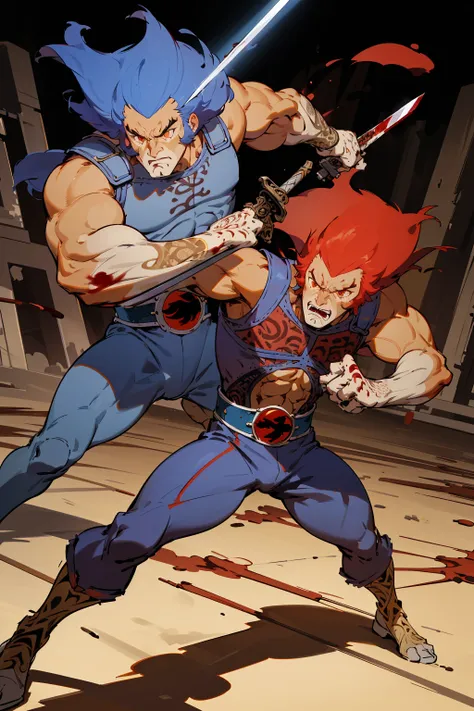 best quality, masterpiece, detailed, best shadow, (Dutch angle:1.1), lightroom, cinematic, (intricate:1.4), 
lion-oQuiron character, 1boy, red hair, rampage,   damage blue outfit,  using sword,  fight, action pose, blood, violence, gore, dymanic, moviment, <lora:quiron_lion-o_v2_Lora:0.87>