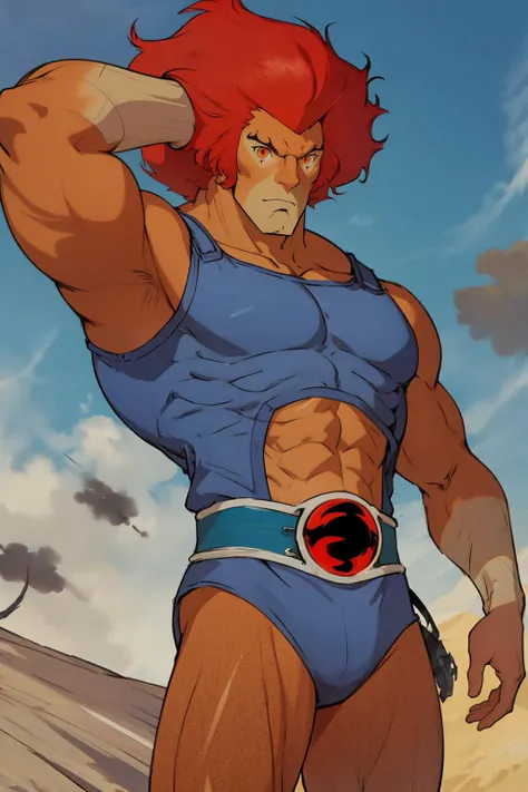 best quality, Mature male, looking off into the distance, <lora:quiron_lion-o_v2_Lora:1> Lion-oQuiron character, red hair, blue outfit, sword