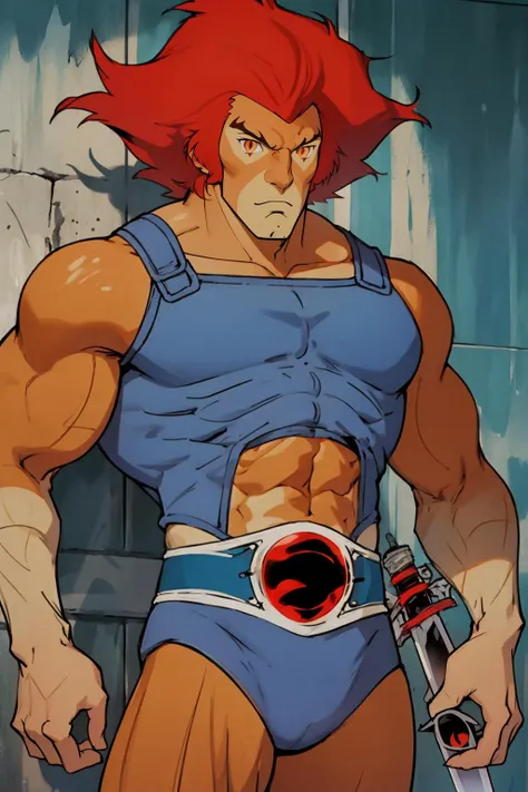 best quality, Mature male, Against a wall, <lora:quiron_lion-o_v2_Lora:1> Lion-oQuiron character, red hair, blue outfit, sword