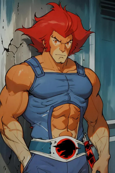 best quality, Mature male, Against a wall, <lora:quiron_lion-o_v2_Lora:1> Lion-oQuiron character, red hair, blue outfit, sword