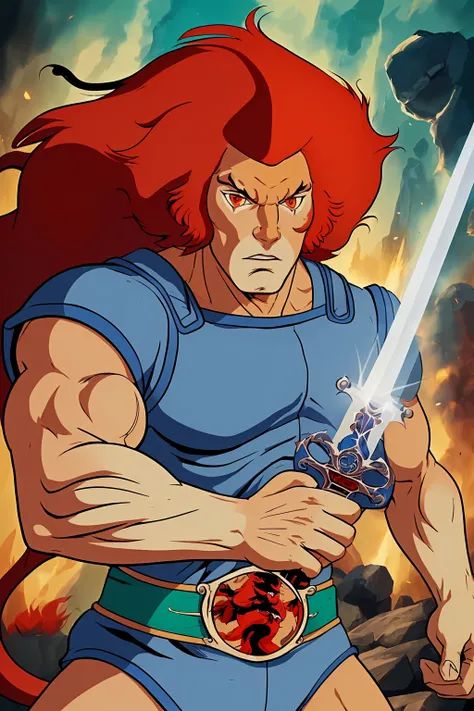 cartoon,best quality, masterpiece, detailed,
lion-oQuiron character, 1boy, red hair, rampage, sword, blue outfit, <lora:quiron_lion-o_v2_Lora:0.77>