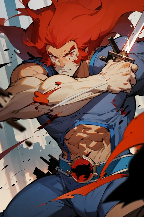 best quality, masterpiece, detailed,
lion-oQuiron character, 1boy, red hair, rampage, blue outfit, using sword, fight, action pose, blood, violence, gore, <lora:quiron_lion-o_v2_Lora:0.77>