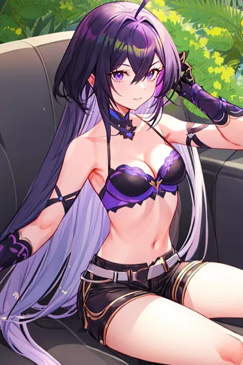 1girl, ahoge, armor, bamboo, bangs, bare_shoulders, black_gloves, black_hair, , chair, cleavage, closed_mouth, couch, gauntlets, gloves, hair_between_eyes, leaf, long_hair, looking_at_viewer, , open_fly, palm_leaf, palm_tree, plant, potted_plant, purple_eyes, purple_hair, short_shorts, shorts, sidelocks, sitting, small_breasts, solo, tanabata, tanzaku, tree, very_long_hair, vines <lora:style_Criin:1>