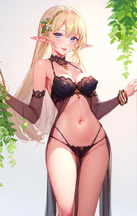 1girl, armpits, bangs, bare_shoulders, blonde_hair, blue_eyes, blush, bracelet, , cleavage, collarbone, covered_navel, covered_nipples, detached_sleeves, dress, elf, grass, groin, hair_ornament, jewelry, large_breasts, leaf, long_hair, looking_at_viewer, , no_bra, no_panties, open_mouth, parted_lips, pelvic_curtain, plant, pointy_ears, potted_plant, revealing_clothes, see-through, sidelocks, simple_background, solo, thighs, wading, water, wet, wet_clothes, white_background <lora:style_Criin:1>