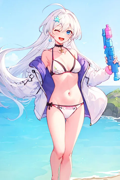 1girl, long_hair, very_long_hair,  ;d, ahoge, bangs, bare_legs, barefoot, bikini, blue_eyes, blush, choker, collarbone, floating_hair, gun, hair_between_eyes, hair_ornament, handgun, holding, holding_gun, holding_water_gun, jacket, jewelry, long_sleeves, looking_at_viewer, navel, ocean, one_eye_closed, open_clothes, open_jacket, open_mouth, silver_hair, smile, solo, splashing, standing_on_one_leg, star_\(symbol\), star_hair_ornament, star_necklace, starfish, swimsuit, virtual_youtuber, water, water_gun, weapon, white_bikini, white_hair, white_jacket <lora:style_Criin:1>