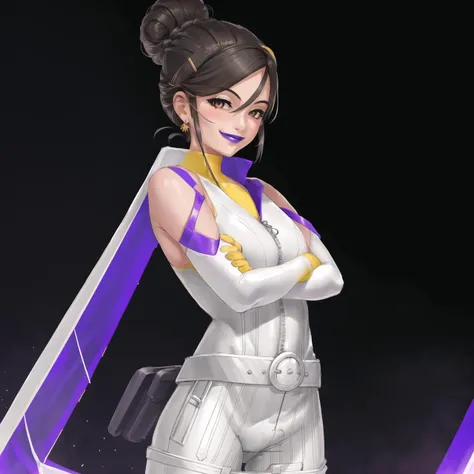 masterpiece, best quality, highly detailed, 1girl, solo, solo focus, sierrago,
(smile:1.4), purple lips, lipstick, hair bun, hair pin, brown eyes, (bodysuit:1.4), (white pants:1.3), (folded arms:1.5),
(upper body:1.3), blush, (edge lit:1.5),
<lora:sierrago-16:00.7>