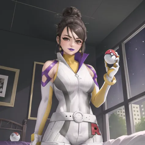 masterpiece, best quality, highly detailed, 1girl, solo, solo focus, sierrago,
smirk, sitting, purple lips, lipstick, hair bun, hair pin, brown eyes, (holding:1.3), poke ball, poke ball (basic), holding poke ball, (bodysuit:1.4), (white pants:1.3),
bed, bedroom, window, (upper body:1.3), blush, from below,
<lora:sierrago-16:00.7>