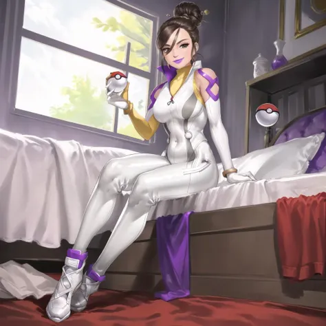 masterpiece, best quality, highly detailed, 1girl, solo, solo focus, sierrago,
smirk, sitting, purple lips, lipstick, hair bun, hair pin, brown eyes, (holding:1.3), poke ball, poke ball (basic), holding poke ball, (bodysuit:1.4), (smile:1.3), (white pants:1.3),
bed, bedroom, window,
(full body:1.3), blush, from below,
<lora:sierrago-16:0.7>