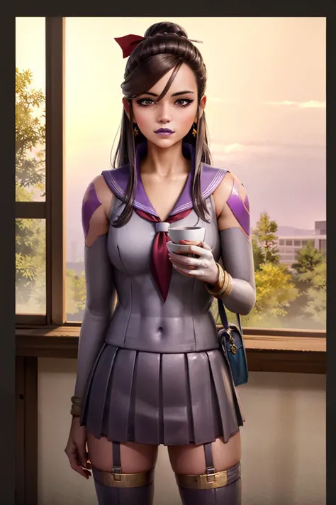<lora:sierrago-16:0.65> sierrago, 1girl, solo focus, loose hair, long hair, purple lipstick, pouting, holding teacup,
yokozuwari, yokozuwari pose, (serafuku, school uniform, skirt, thighhighs, bow:1.4),
tatami room, tea set, drinking tea, sunset, windows, autumn, golden light,
(best quality:1.15), (masterpiece:1.15), (detailed:1.15), (realistic:1.2),