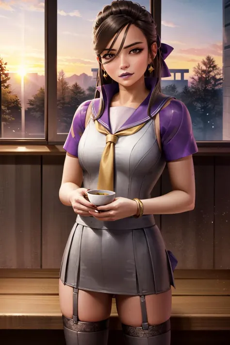 <lora:sierrago-16:0.65> sierrago, 1girl, solo focus, loose hair, long hair, purple lipstick, pouting, holding teacup,
yokozuwari, yokozuwari pose, (serafuku, school uniform, skirt, thighhighs, bow:1.4),
tatami room, tea set, drinking tea, sunset, windows, autumn, golden light,
(best quality:1.15), (masterpiece:1.15), (detailed:1.15), (realistic:1.2),