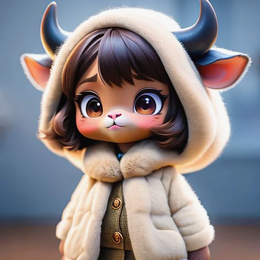 (furry:1.2) (full body),dark brown cinnamon skin cow, realistic fur, details down to every fluff, big eyes, i want the whole image to be created in 3D anime style, solo, looking at viewer, short hair, bangs, white hair, 1girl, highest quality detailed eyes, closed mouth, upper body, female focus, blurry, lips, petals, blurry background