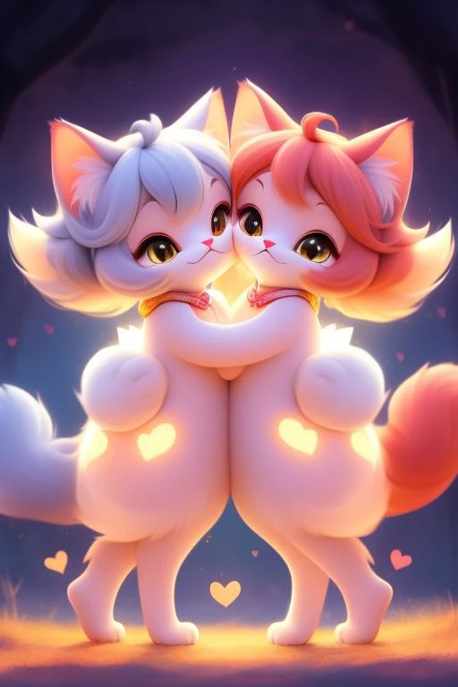 As the two cats stroll side by side, their tails intertwine gracefully, forming a heart shape that seems to symbolize the bond between them. With each step, they move in perfect harmony, their synchronized movements a testament to their deep connection. Their fur ripples in the gentle breeze, accentuating the elegance of their synchronized stride. The sunlight catches the delicate curves of their intertwined tails, casting a warm glow that highlights the love and companionship shared between these feline friends. It's as if they're dancing together, their tails weaving a tale of affection and camaraderie as they traverse the world around them. love, valentine