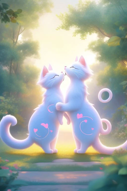 As the two cats stroll side by side, their tails intertwine gracefully, forming a heart shape that seems to symbolize the bond between them. With each step, they move in perfect harmony, their synchronized movements a testament to their deep connection. Their fur ripples in the gentle breeze, accentuating the elegance of their synchronized stride. The sunlight catches the delicate curves of their intertwined tails, casting a warm glow that highlights the love and companionship shared between these feline friends. It's as if they're dancing together, their tails weaving a tale of affection and camaraderie as they traverse the world around them. love, valentine