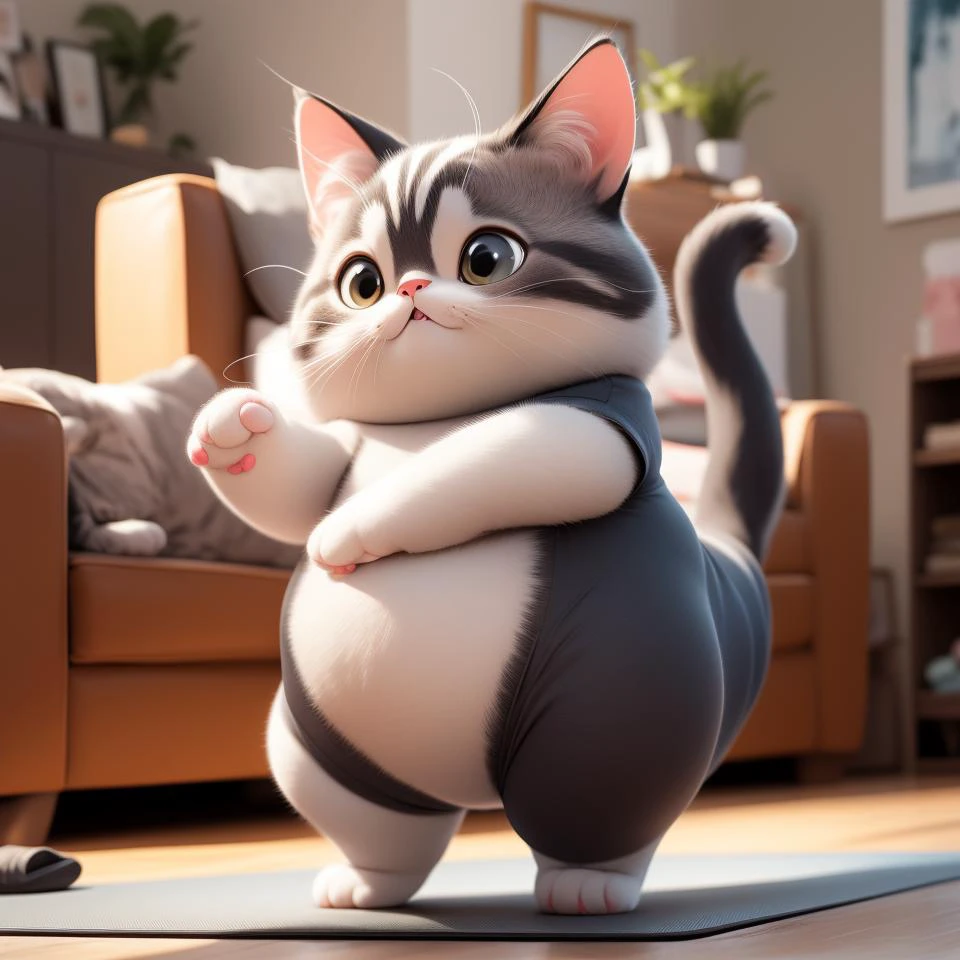 1cat,solo,fat,tabby cat,no humans,
living room,yoga,yoga mat,yoga pants,barefoot,pants,leggings,exercise,
whiskers,animal focus,blurry,realistic,
standing,gray yoga mat,gray pants,
animal,indoors,blurry background,solo,full body,fangs,, masterpiece, best quality,