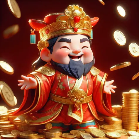 God of wealth, full body, lots of gold coins falling, gold coins shining, festive atmosphere, solo, blush, smile, smiling eyes, male focus, wide sleeves, beard, hat, Chinese dress, crown, beard, 3D modeling and rendering, high definition, detail enhancement,